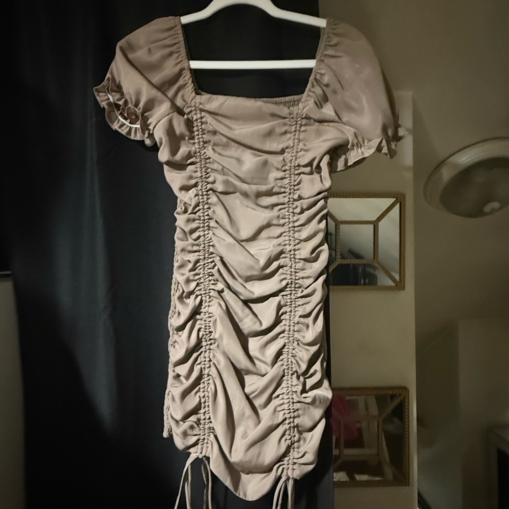 Ruched Tan Dress with Puff Sleeves